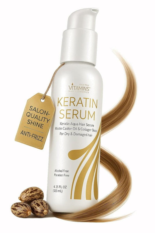 Keratin Hair Serum with Biotin, Castor Oil & Collagen - Anti-Frizz Leave-In Treatment for Dry, Damaged Hair | 4.25 fl oz (125mL)