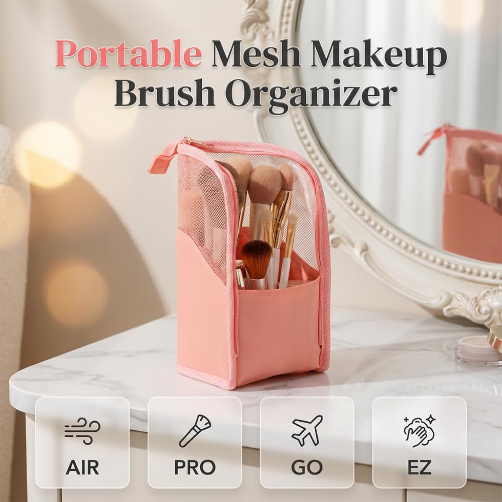 Spwejsr Standing Toiletry Bag, Portable Lightweight EVA Mesh Travel Toiletry Bag, Large Capacity & Water-resistant & Foldable Design, for Makeup Brushes & Toothbrush (Black-1PCS)