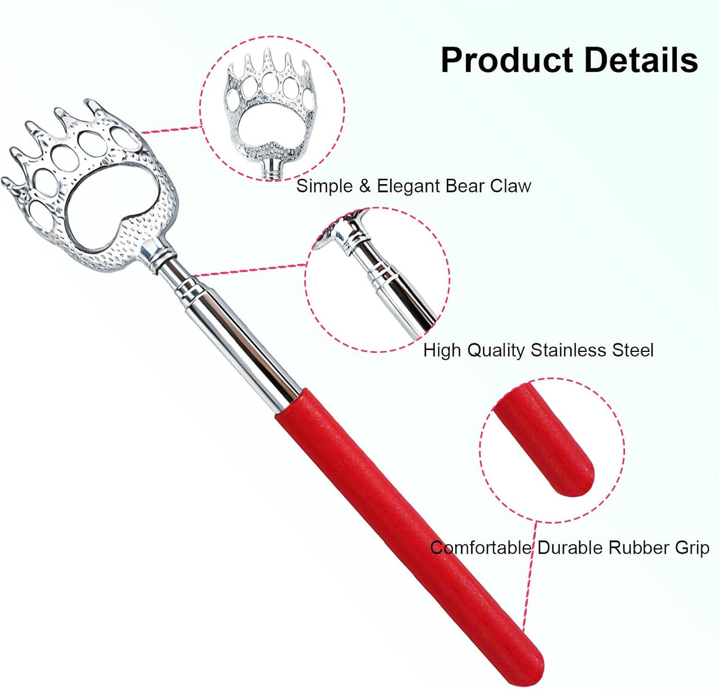 Extendable Metal Bear Claw Back Scratcher - 2 Pcs Set | Perfect for Men, Women, Adults - Red
