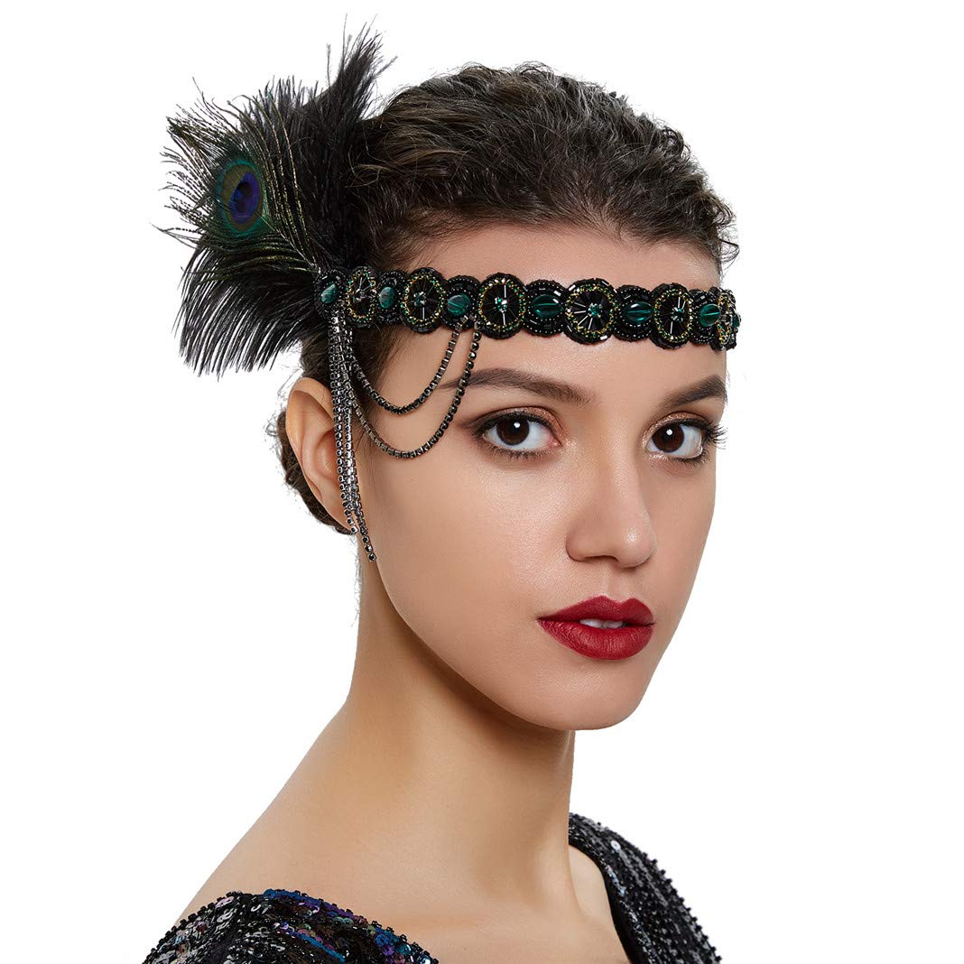 Lovfingu Art Deco 1920s Flapper Headband Feather Roaring 20s Great Gatsby Headpiece for Women Hair Accessories H-Green