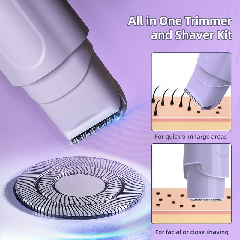 2 in 1 Women's Electric Shaver, Dual Head Bikini Hair Trimmer, IPX6 Waterproof, Wet & Dry, Bikini Underarm Leg Arm Body Facial Epilator, (Purple)