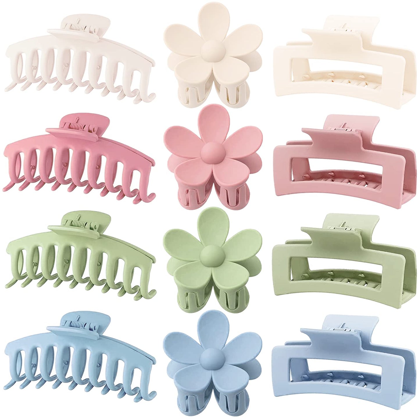 Large Hair Claw Clips - 12 Pack Matte Flower Clips for Thick Hair | 3 Styles, 4 Colors