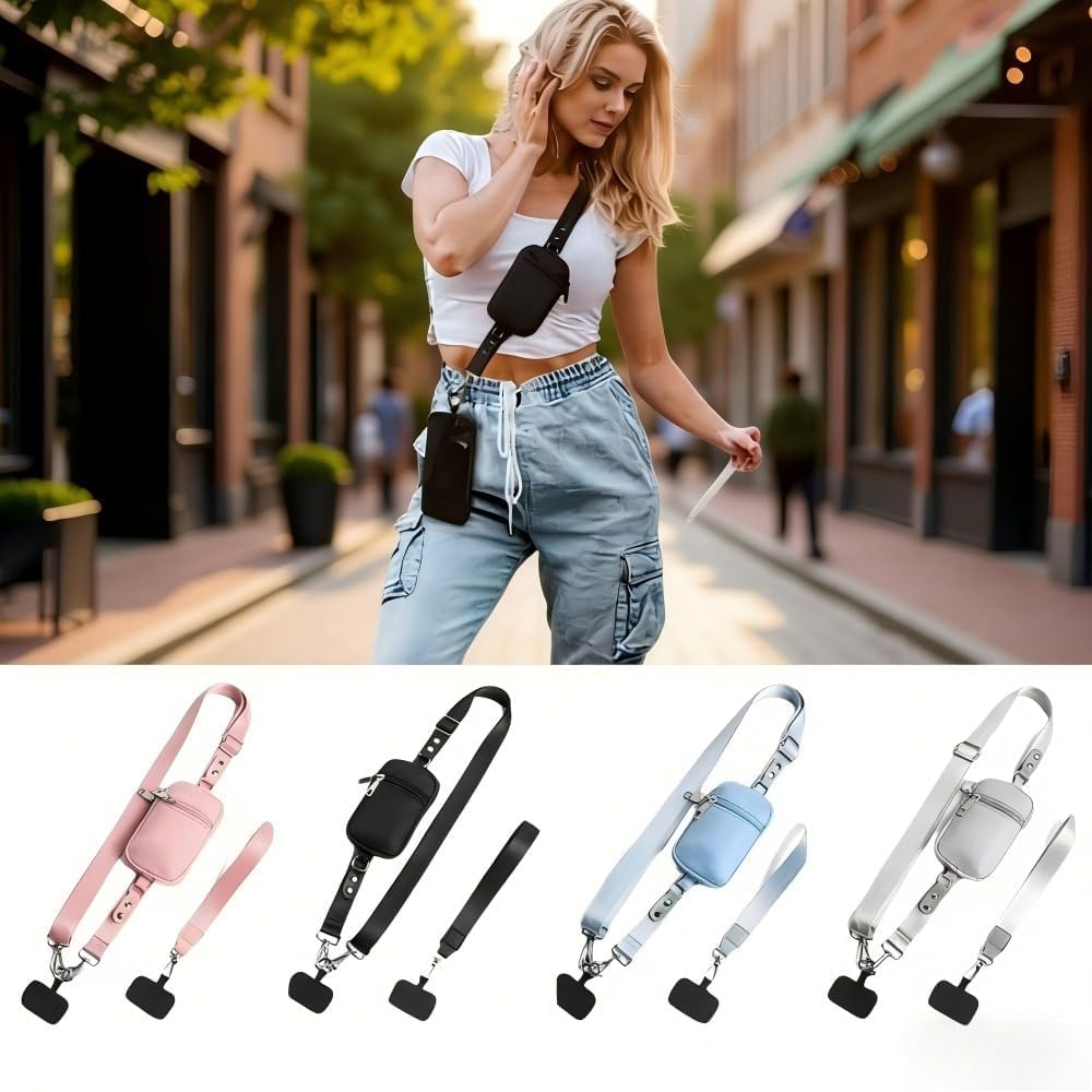 Crossbody Phone Lanyard with Zipper Pouch, Adjustable Neck Strap with Phone Tether, Anti-Lost Wrist Strap (pink)