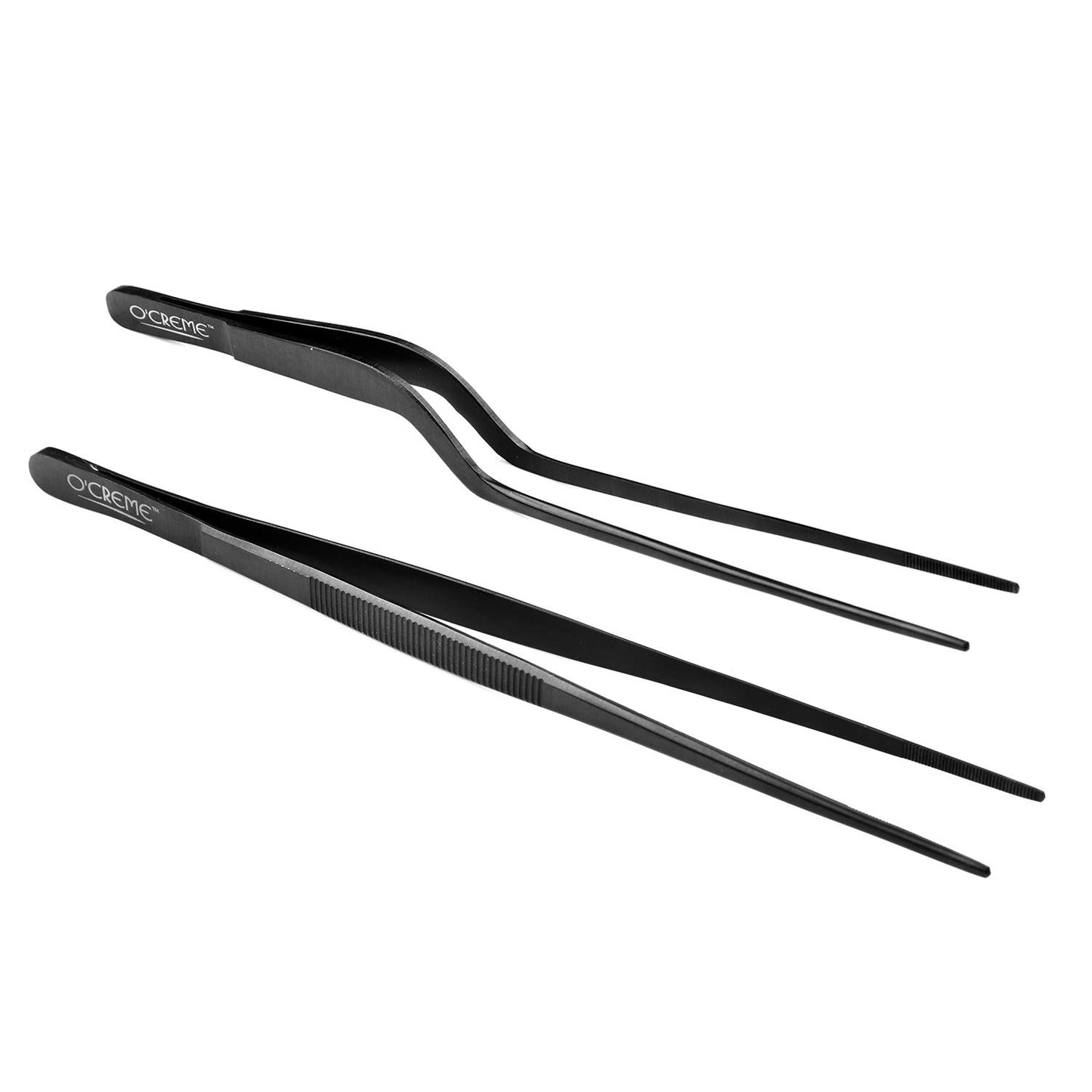 O'Creme Culinary Stainless Steel Tweezer Tongs Set of 2 - One 10 Inch Straight and One 8 Inch Offset Black Color