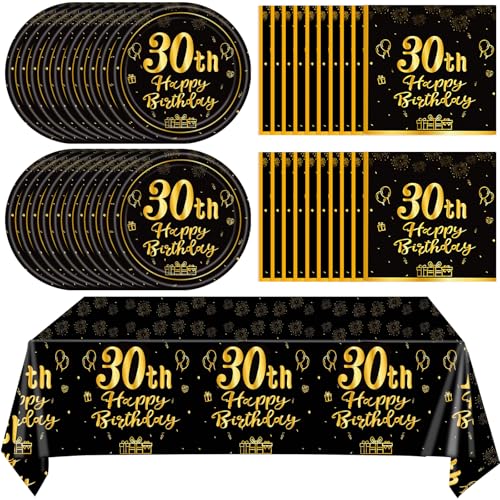 30th Birthday Party Decoration Set - Black Gold Plates, Napkins & Tablecloth
