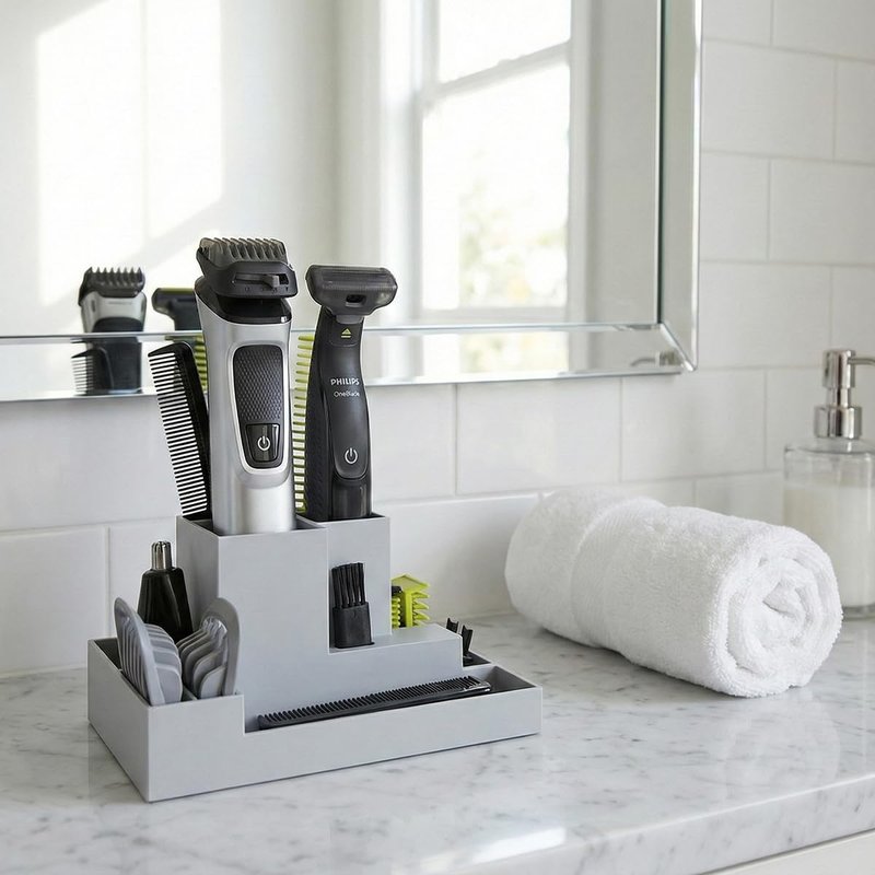 DSSWEN Organizer Holder for Philips OneBlade & Multigroom Series 9000 – Storage Stand for Shaver, Attachments, Blades & Accessories – Bathroom Counter Grooming Organizer