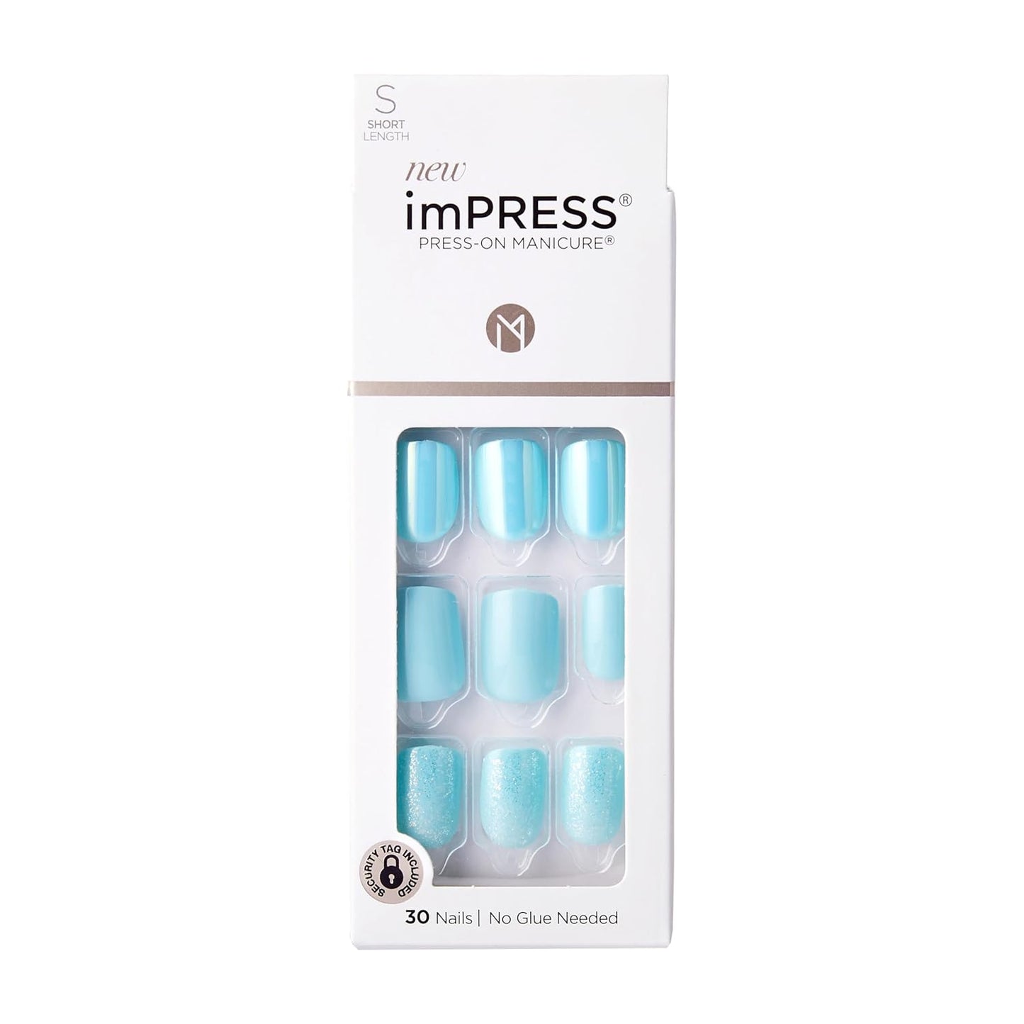Kiss Impress No Glue Mani Press-On Nails - 'Rain Check' Blue Squoval Design | Short Size, 30 Nails & Accessories