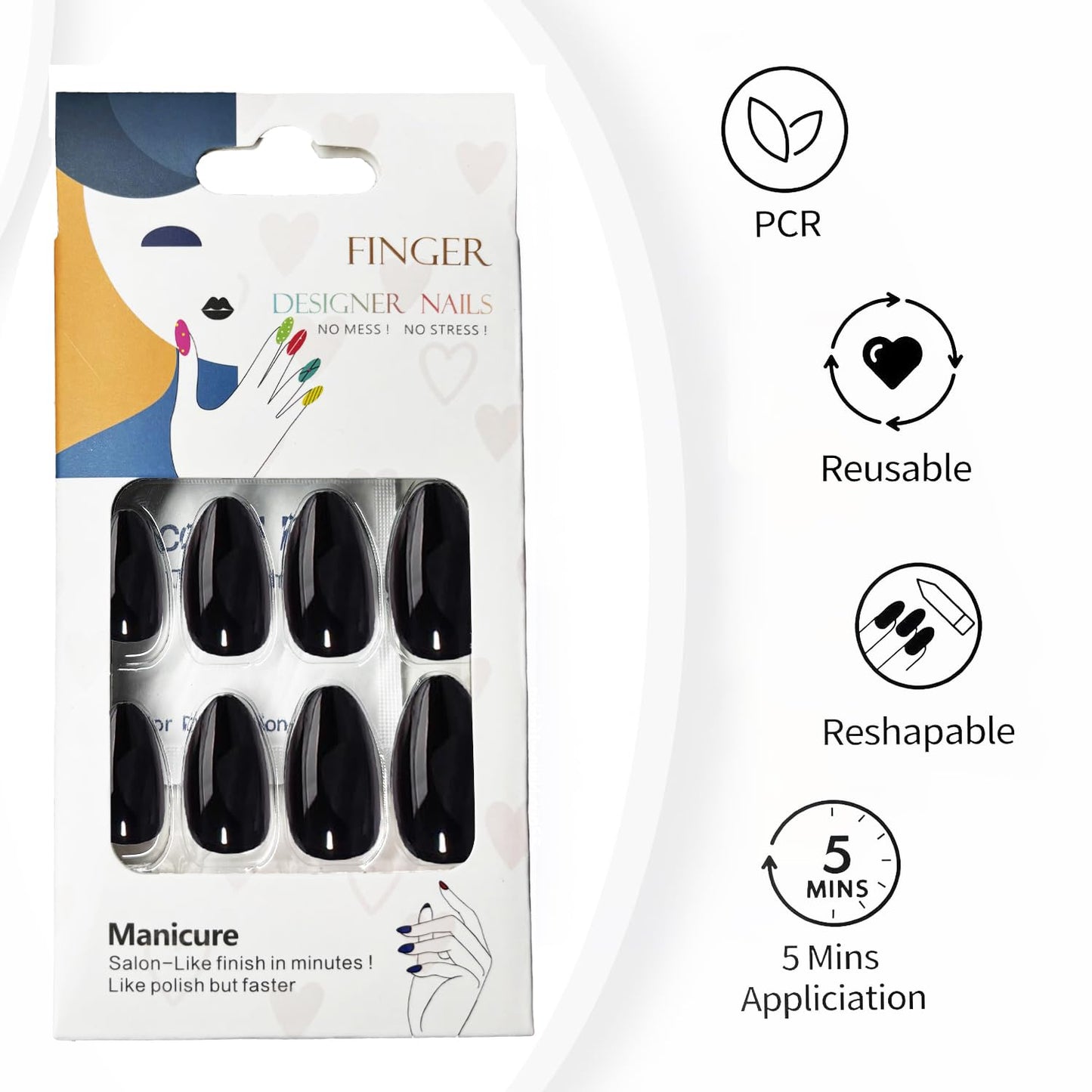 Black Press On Nails Almond -Short Press On Nails with Nail Glue, Fit Perfectly & Natural Reusable Stick On Nails in 12 Sizes - 24PCS Soft Gel Glue On Nails Kit