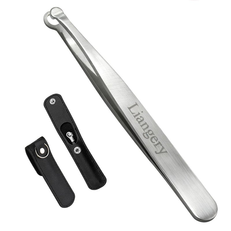 Liangery Manual Nose Hair Trimmer for Men Women- Stainless Steel Precision Blades, Leather Case, Tweezers Style Nasal Cutter, Eyebrow, Ear & Facial Grooming Tool (Silver)