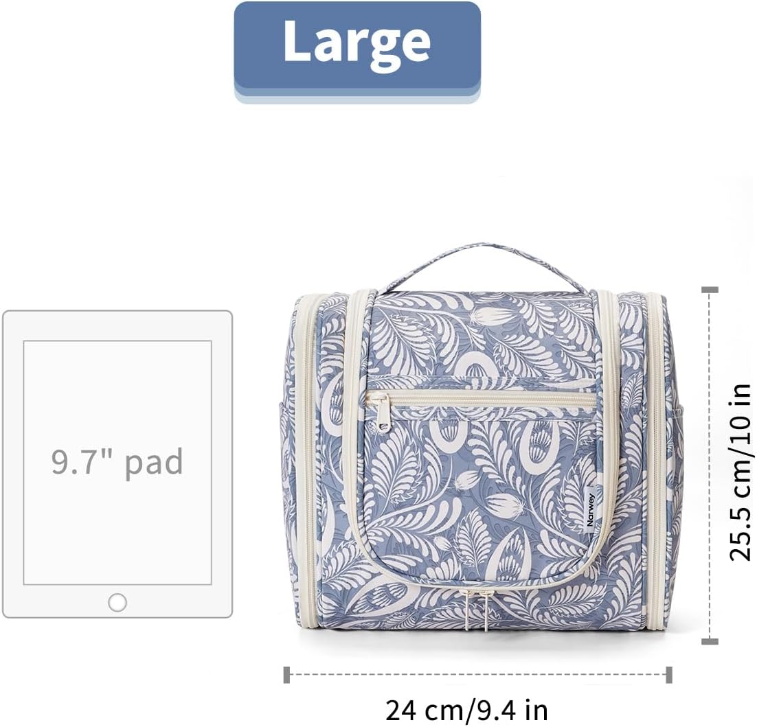 Hanging Toiletry Bag for Women | Travel Makeup Organizer - Large Blue Leaf Design