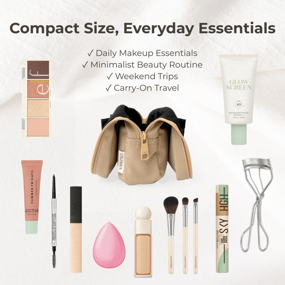 VANTSO Mini Standing Makeup Bag and Teacher Pouch for Women, Expandable Travel Cosmetic Organizer with Brush Holder, Multi-purpose Teacher Makeup Bag & Pencil Case for Daily Essentials