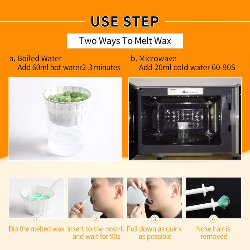 Nose Hair Removal - Wax Kit for Men and Women with 50g, 20 Applicators, 10 Pods, 1 Measuring Cup, 8 Moustache Stencils