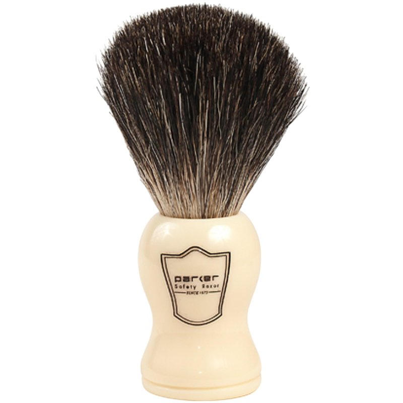 Parker 100% Black Badger Bristle Shaving Brush with White Handle–Extra Dense Badger Bristles Shave Brush Create a Superior Lather–Brush Stand Included