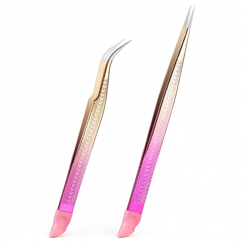 2PCS Crystal Pink Nail Tweezer, Double Ended Sticker Tweezers with Silicone Pressing Head for Craft, Precision Rhinestone Picker Tool for Jewelry Eyelash Nail Art, Curved Tip Tweezers Kit
