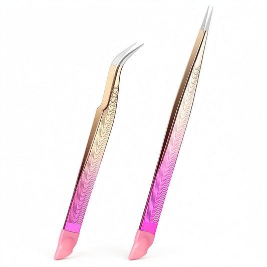 2PCS Crystal Pink Nail Tweezer, Double Ended Sticker Tweezers with Silicone Pressing Head for Craft, Precision Rhinestone Picker Tool for Jewelry Eyelash Nail Art, Curved Tip Tweezers Kit