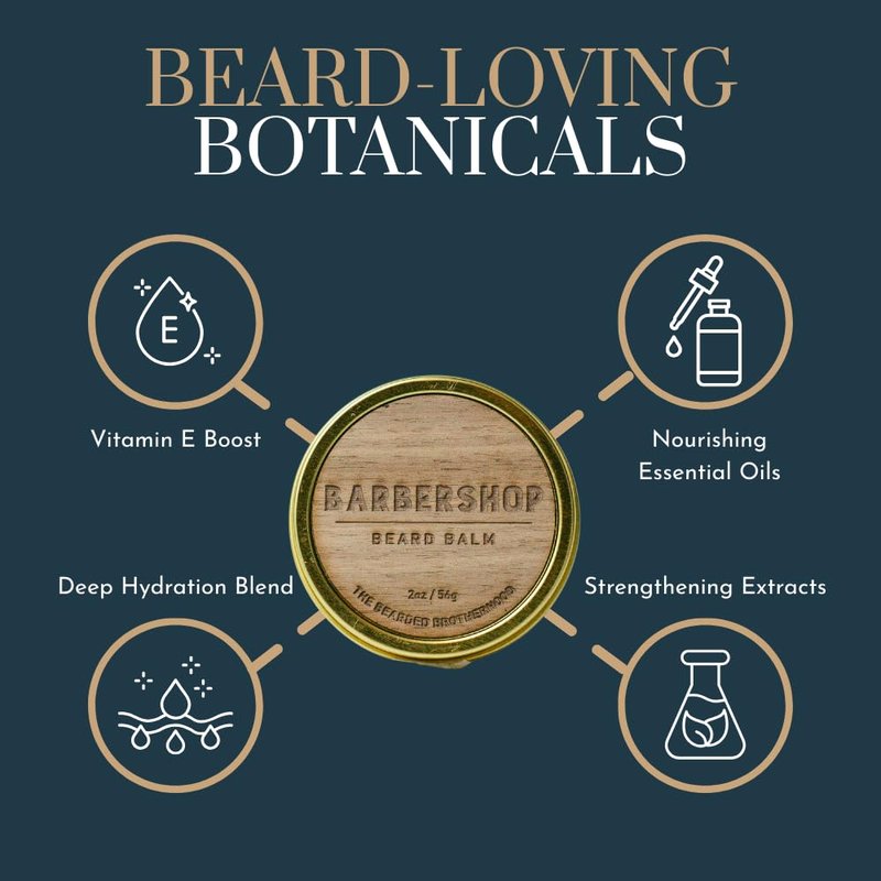 The Bearded Brotherhood Barbershop Beard Balm – Handcrafted Men’s Grooming Balm – Vintage Barbershop Scent with Essential Oils, 2 oz Screw-Top Tin