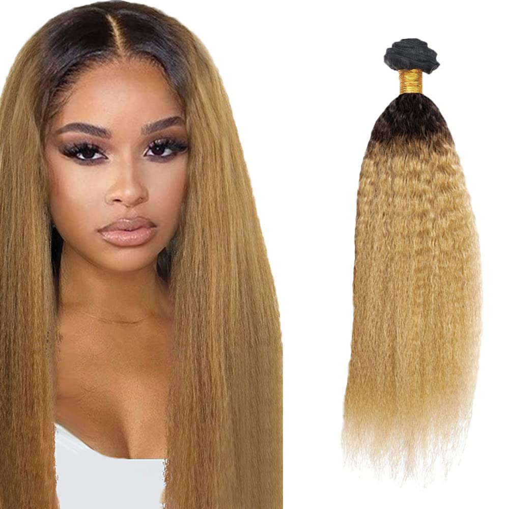 Blonde Yaki Straight Human Hair Bundles 2 Tone Black and Honey Blonde Bundles 26 Inch Double Weft Real 1B27 Kinky Straight Hair Extensions 110g