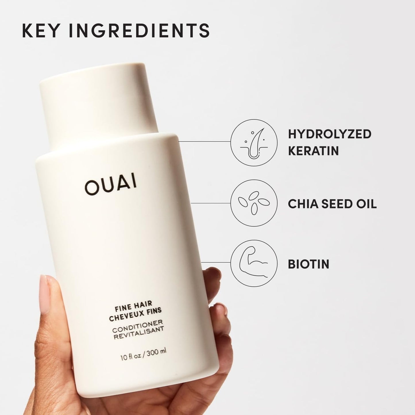 OUAI Fine Hair Conditioner - Volumizing Formula with Keratin, Biotin & Chia Seed Oil - Adds Softness & Bounce | 10 Oz