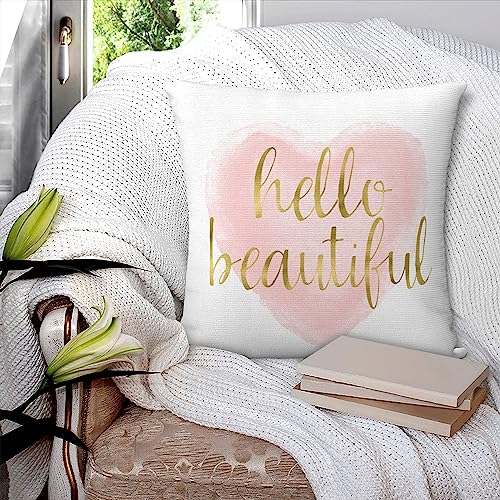 Hello Beautiful Throw Pillow Cover - Blush Pink Gold Watercolor Heart 16x16