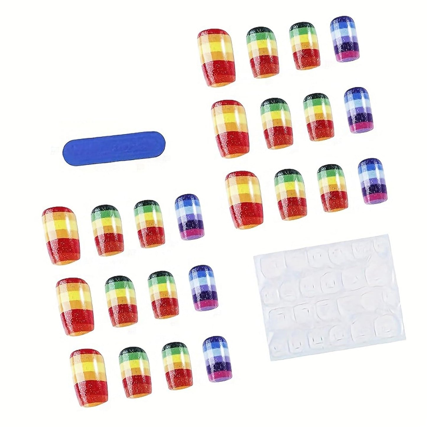 Rainbow Glitter Press-On Nails - Medium Square Colorful Stripes | Glossy Reusable Full Cover Fake Nails for Women - 24 Pcs