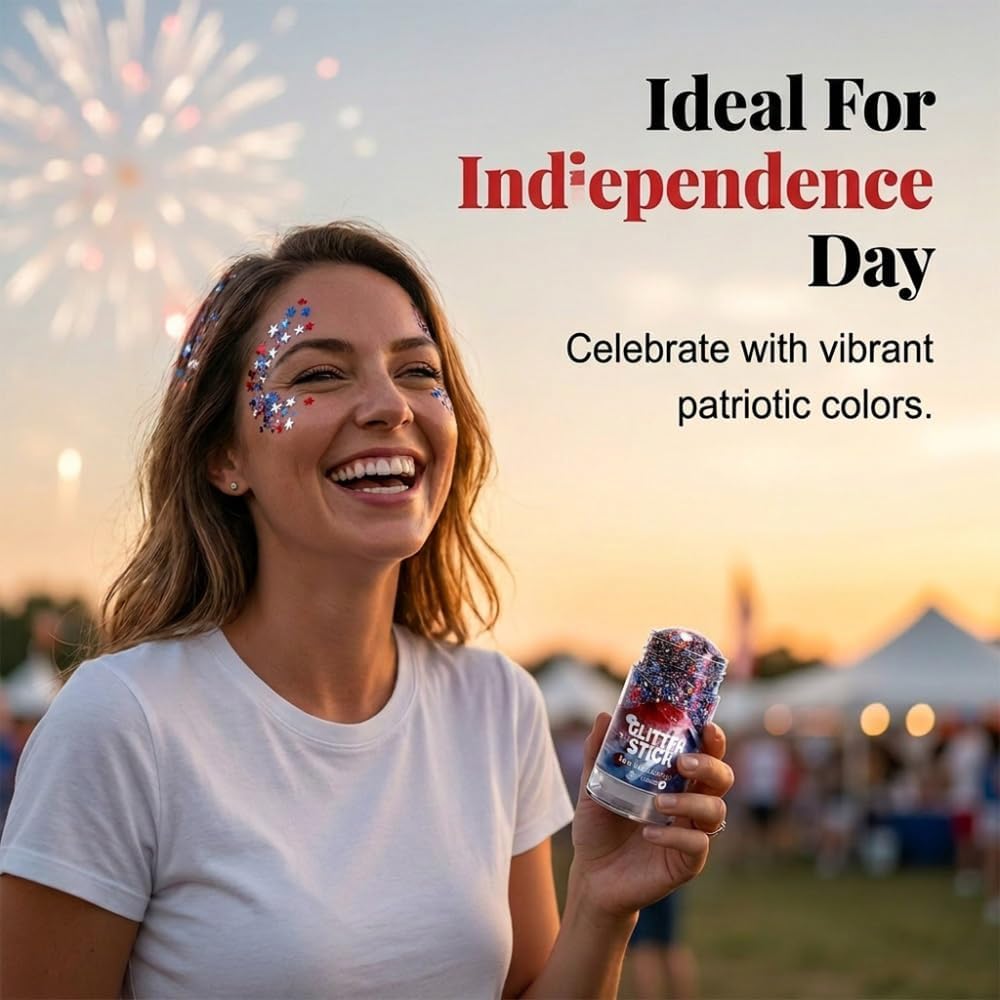 Body Hair Glitter Stick - 2 Pack Red White Blue USA Flag Face Glitter for 4th of July | Waterproof Makeup for Women & Kids