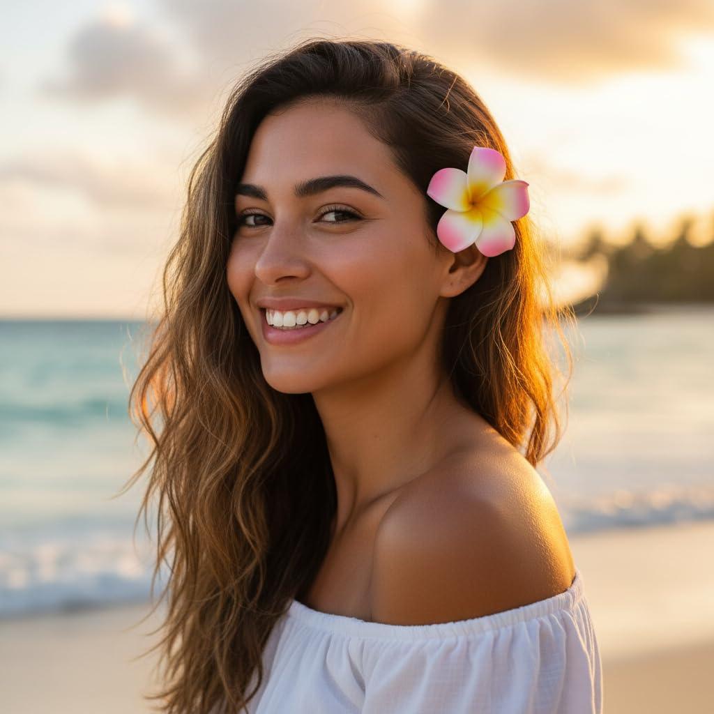 Hawaiian Frangipani Foam Hair Clips - 4 Pcs White & Pink Floral Accessories | Party & Beach Use