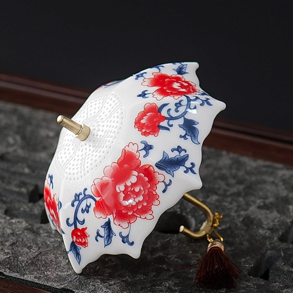 Ceramic Umbrella Tea Strainer with Tassel Chinese Traditional Style Tea Infuser, Ceremony Accessories with Tassel(Blue Flower)