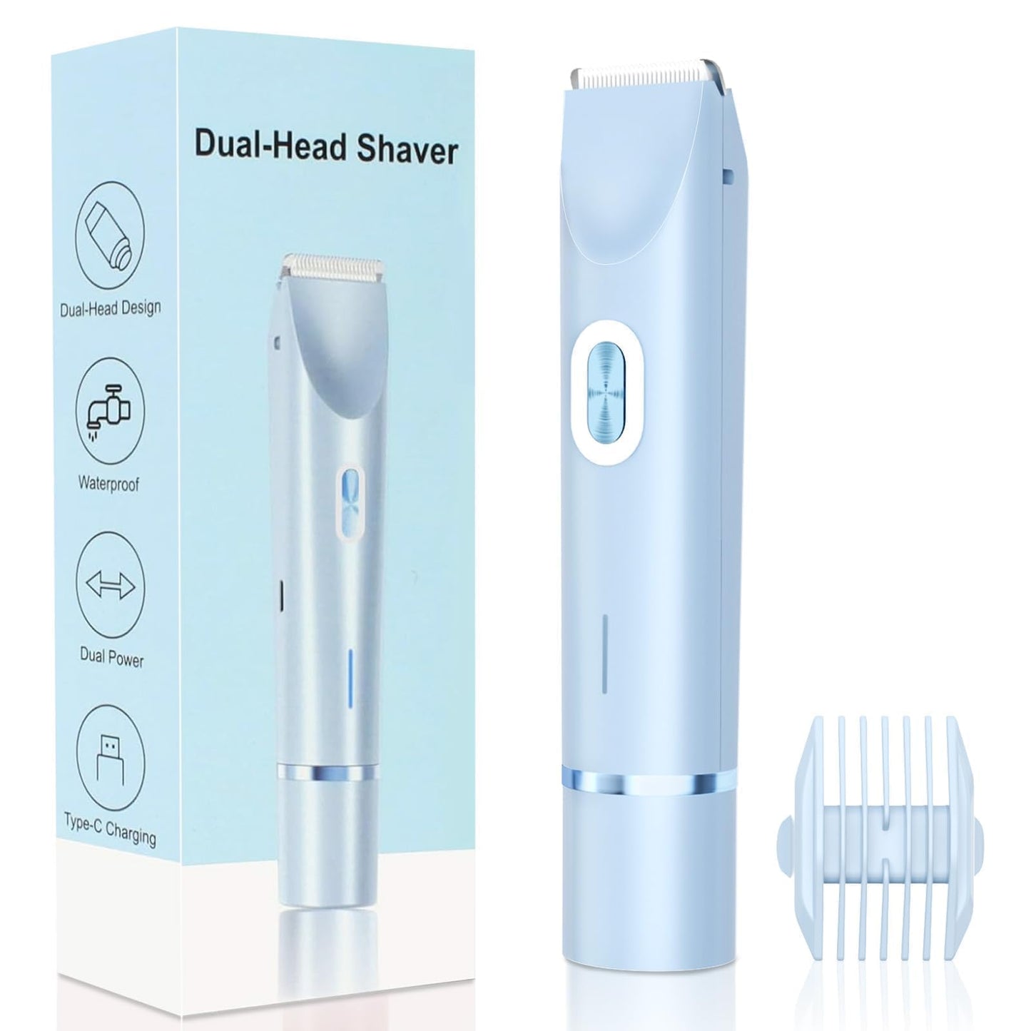 Mpotmiy 2-in-1 Electric Trimmer for Men, Dual Head Electric Razor, Waterproof Painless Bikini Shaver, Pubic Hair Trimmer for Private Area & Body Hair, Gifts for Men Women, Fathers Day Gifts，Blue