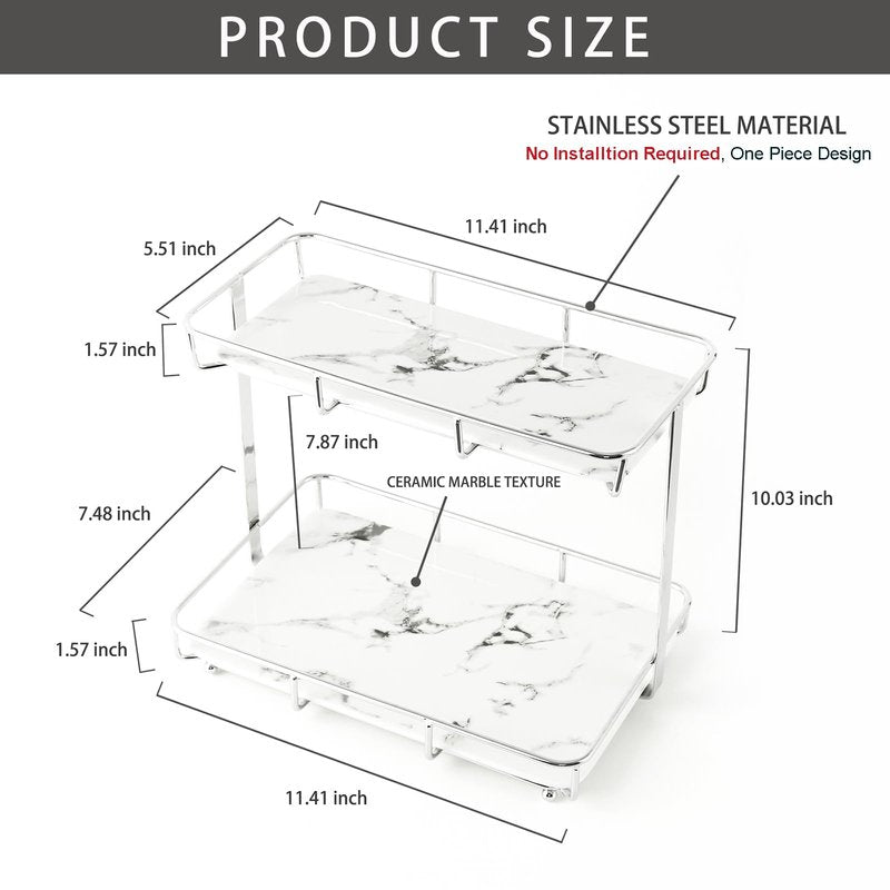 Bathroom Organizer Countertop Perfume Organizer Makeup Organizer Cosmetics Storage Display Rack Vanity Tray Dresser Stainless Steel Gold Shelf White Marble Ceramic Tray (2 Tier L-Sliver)