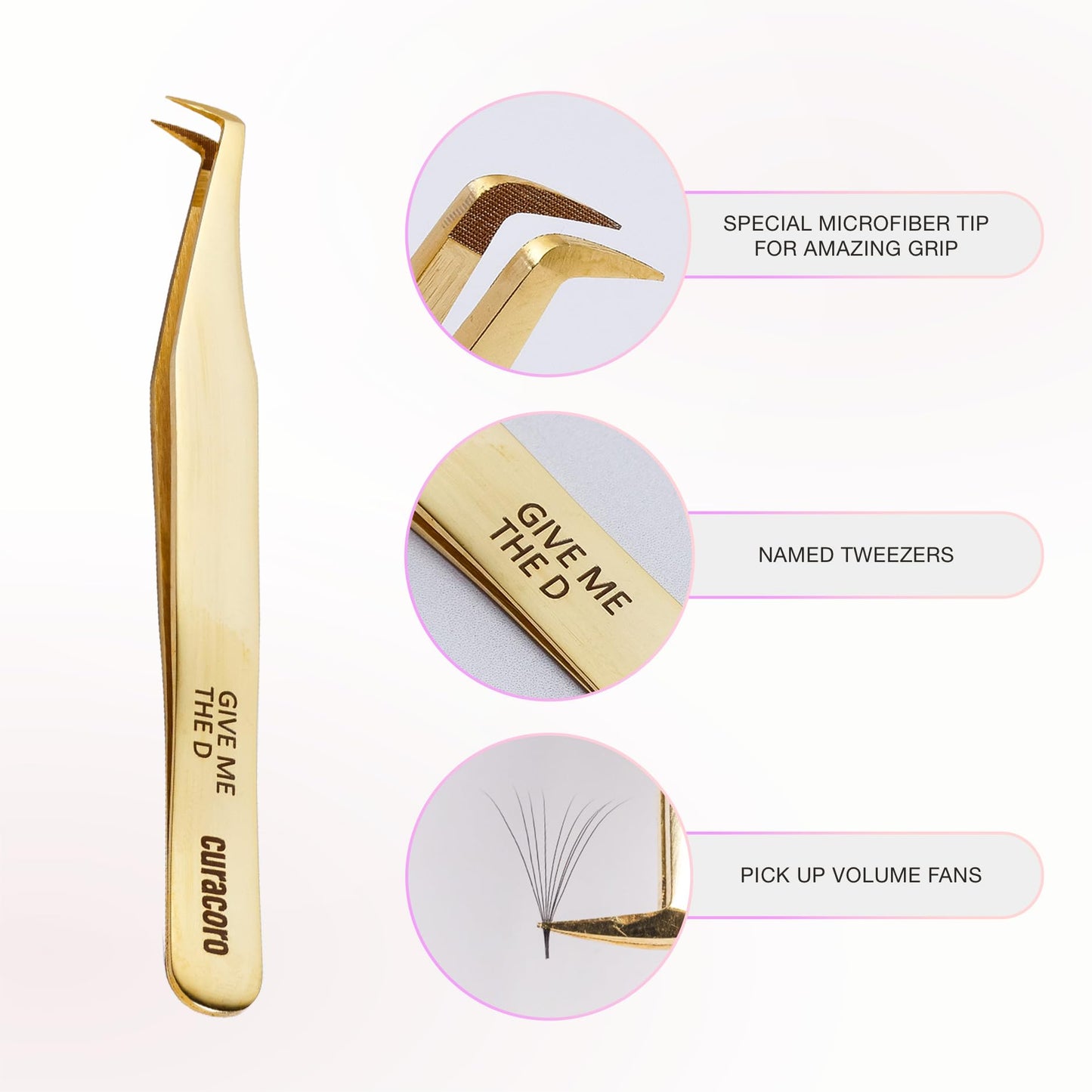 Curacoro Lash Tweezer - Professional & Precision Fiber Tip Grip Lash Tweezers for Eyelash Extensions, Multi Shapes & Purposes Tweezers for Volume, Isolation & Classic Lashes (Gold, Give Me the D)