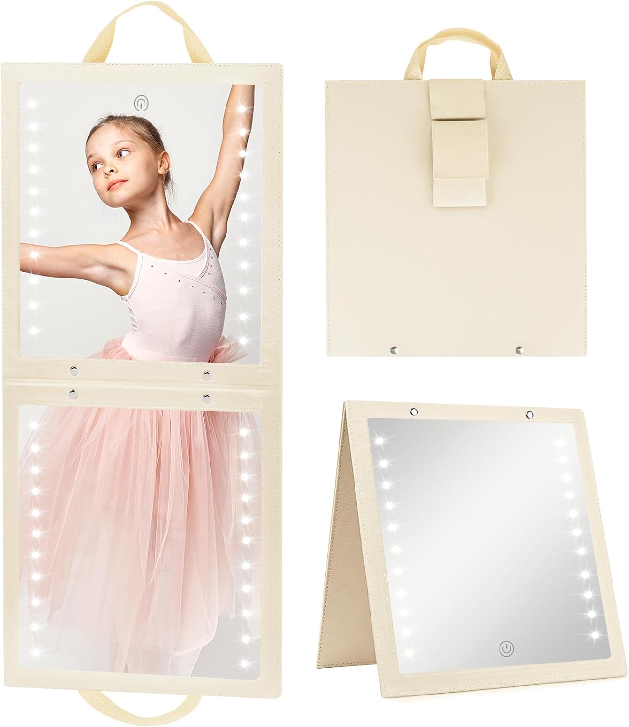Lighted Hanging Mirror - Rechargeable LED Full Length Mirror for Dancers | Portable & Adjustable Brightness, Beige