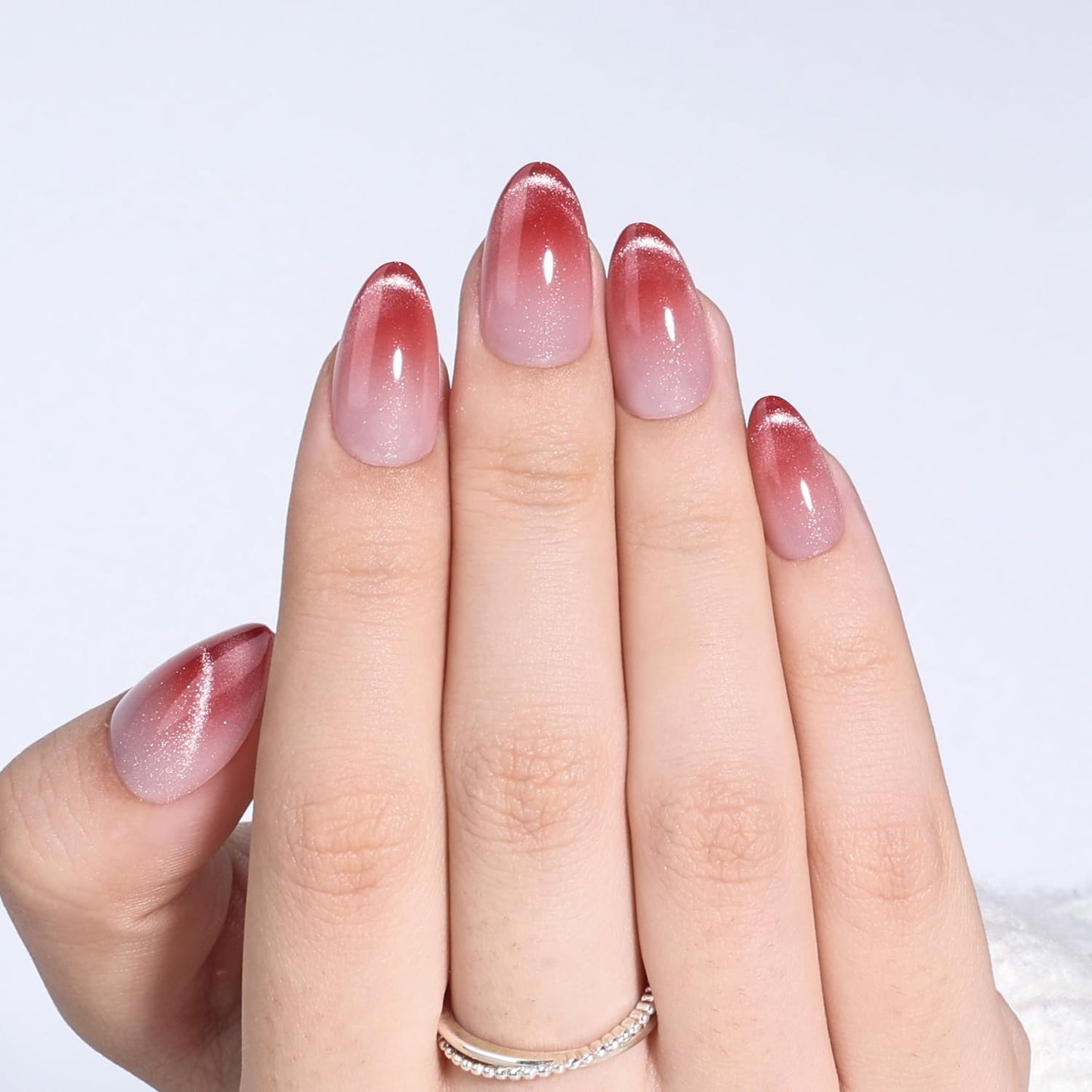 Glossy Red Press On Nails - Almond Shape Fake Nails with Glue | 32 PCS, 16 Sizes for Women