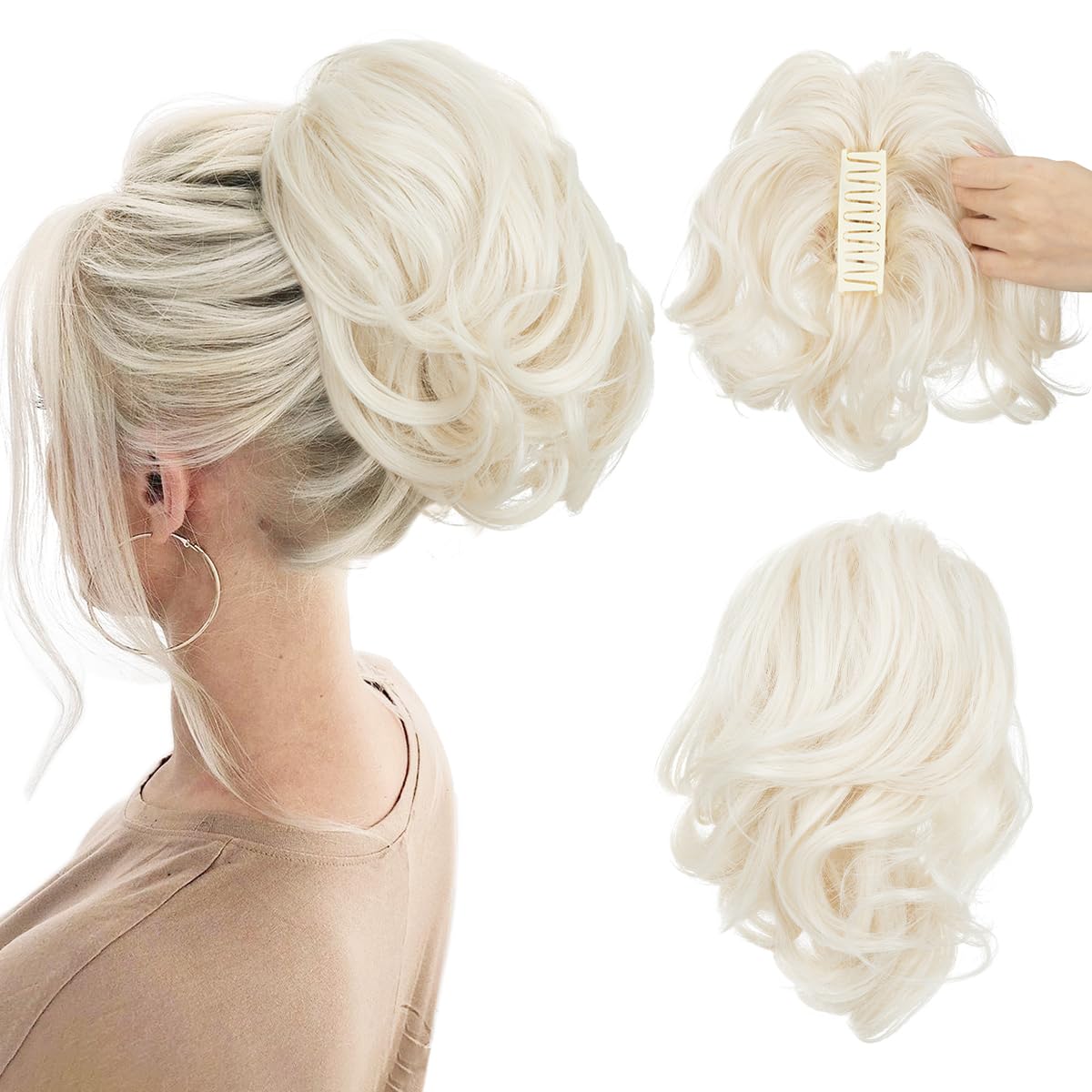 CJL Hair Claw Clip Short Ponytail Extensions - Bendable Metal Messy Bun Piece | Wavy Curly Synthetic Hair, Ash Grey