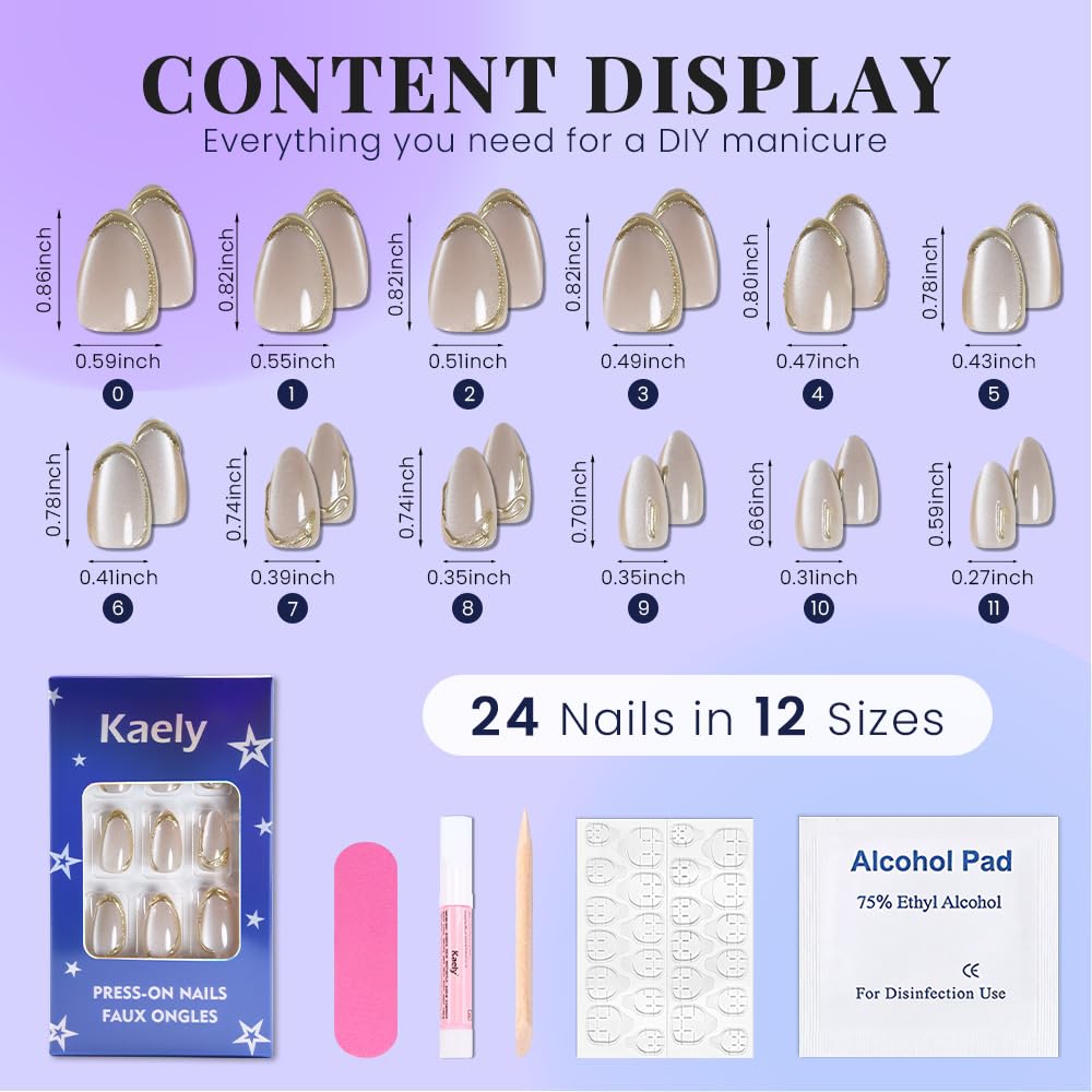 Nude Cat Eye Press-On Nails - Short Almond Shape with Gold French Tips | Reusable Soft Gel Set for Women