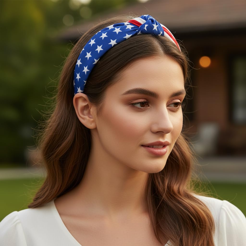 EIOAUY 3 Pack Patriotic Wide Headbands for Women, American Flag Stars Knotted Hair Accessories, 4th of July Independence Day Headbands for Party Holiday