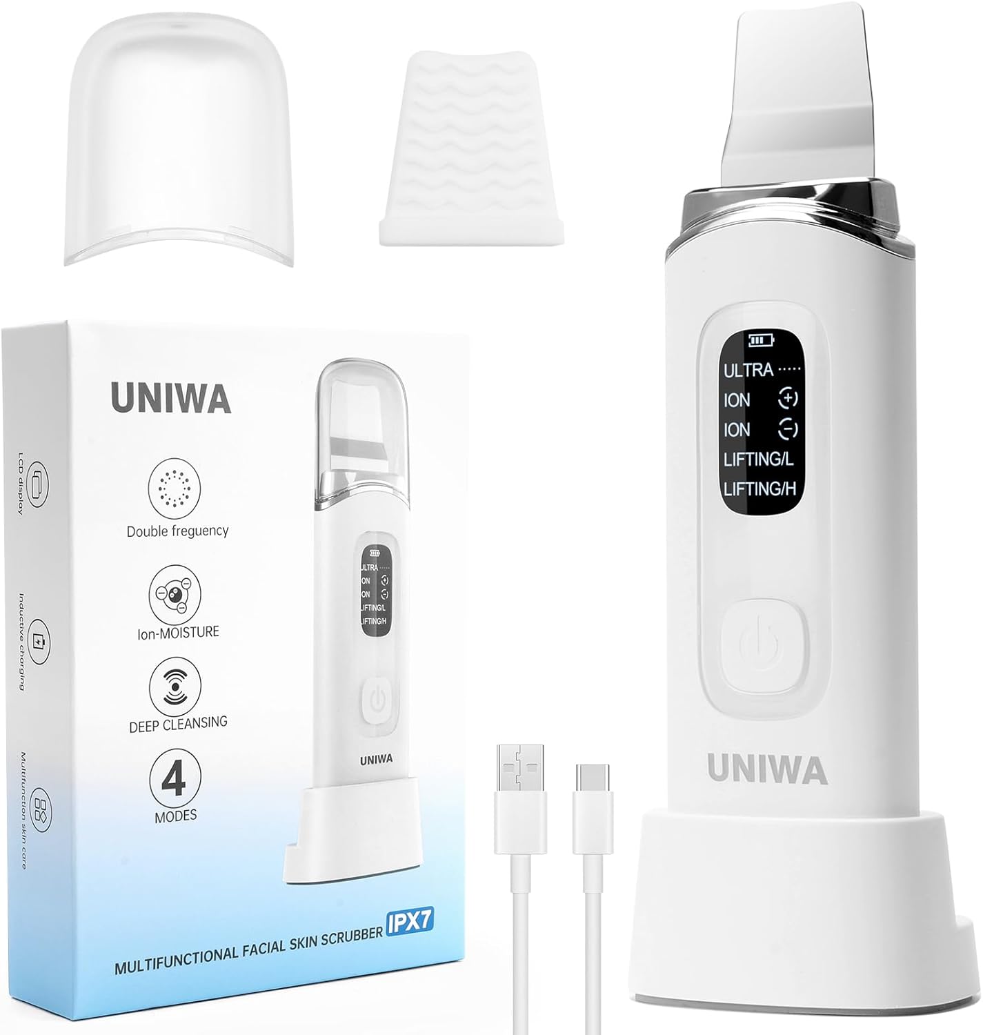 UNIWA Skin Scrubber | Ultrasonic Face Spatula for Deep Cleansing & Blackhead Removal - 4 Modes, LCD Display, Waterproof - White
