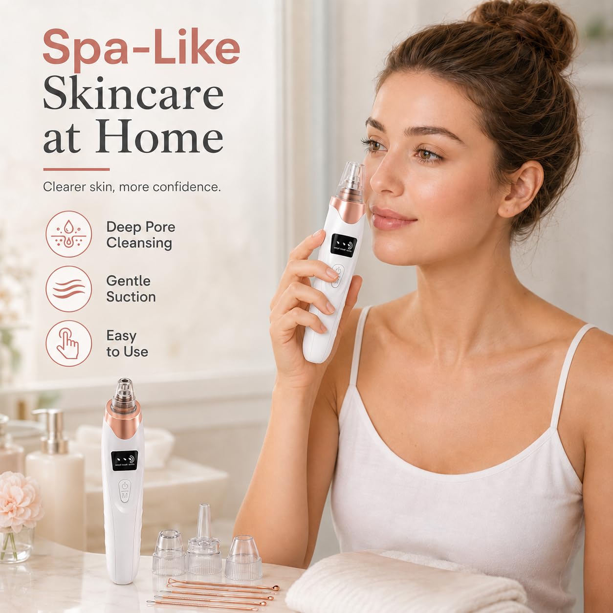 Pore Vacuum - Rechargeable Blackhead Remover with 5 Suction Heads | Adjustable Suction Levels & Stainless Steel Tools - At-Home Skincare Kit