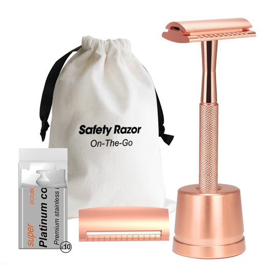 THURLADY Safety Razor with Stand, Single Blade Razors for Women and Men, Reusable Metal Razor, with 10 Double Edge Blades, Smooth Close Shave, Plastic Free, Rose Gold