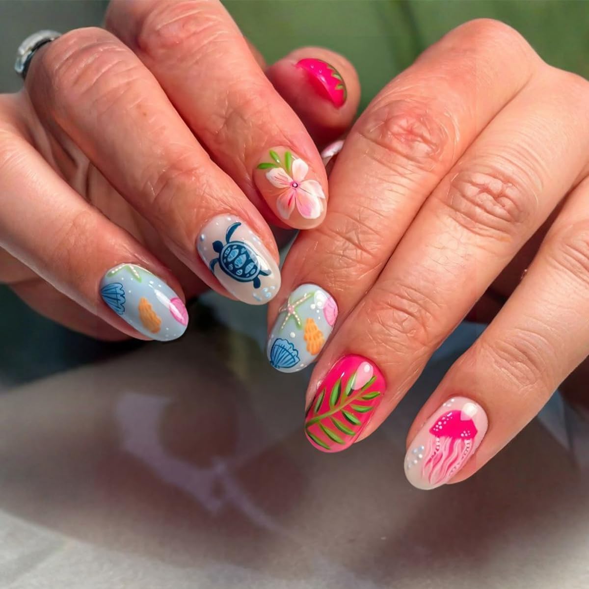 Press On Nails - Glossy Marble Medium Almond with 3D Flower & Gold Star Charms | 30 Pcs, Reusable for Ocean Beach Manicure