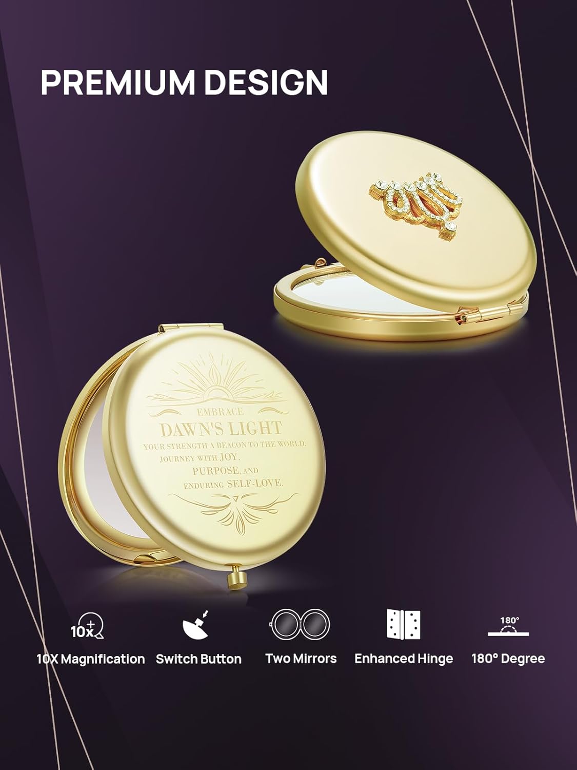 OMIRO Compact Magnifying Makeup Mirror - 1X/10X Dual Magnification | Crown Engraved Design, Perfect Gift for Women & Moms (Gold)