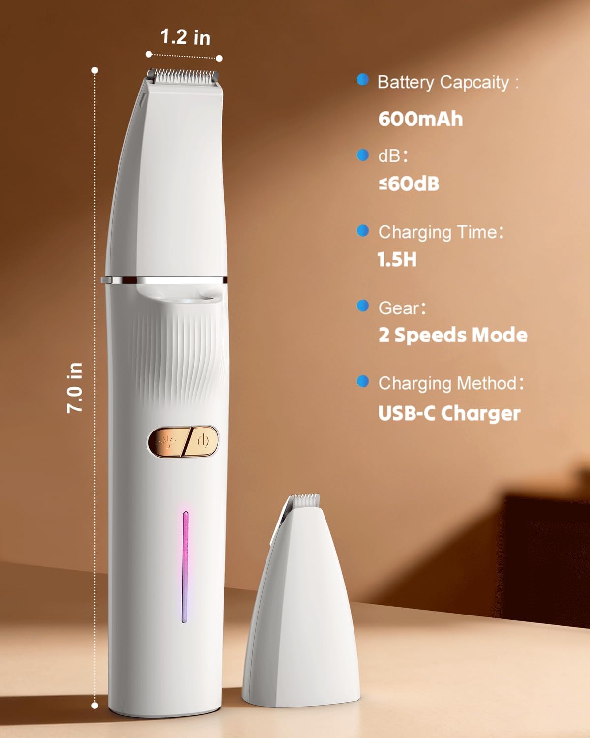 2-in-1 Dog Paw Trimmer - Quiet Cordless Clippers with 2 Speeds | Small Pet Grooming Tool for Paws, Eyes, Ears, Face, Rump - USB-C (White)