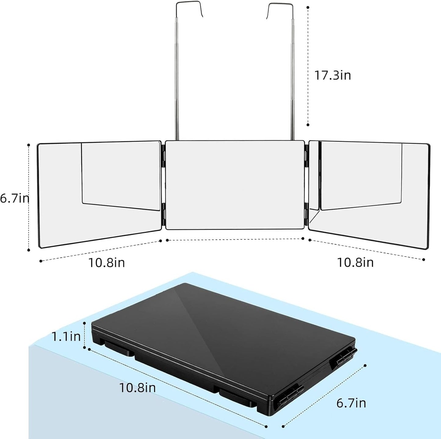 3-Way Mirror for Self Hair Cutting | 360° Tri-Fold Design with Adjustable Hooks (6.7" x 10.8")