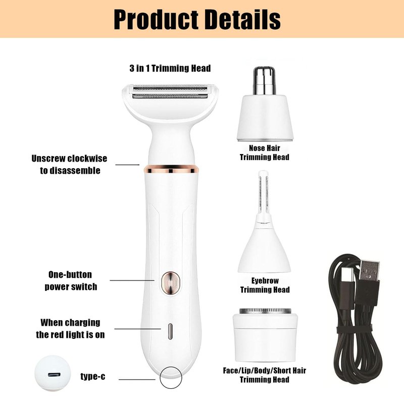 Electric Razor for Women, 4-in-1 Facial & Body Hair Trimmer with FACE, Nose, Eyebrow and Body Heads, USB-C Rechargeable, Wet/Dry Detachable Heads, Portable Grooming Set（White）