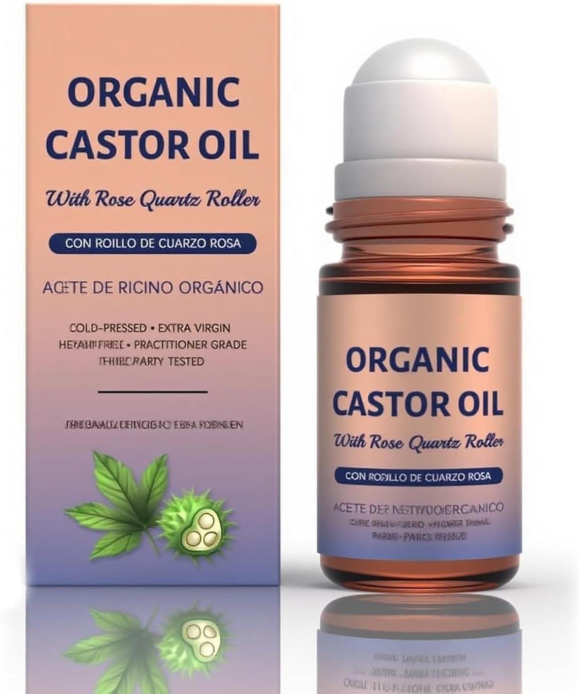 Organic Castor Oil - Cold-Pressed Pure Oil with Rose Quartz Roller for Hair Growth, Eyelashes & Skin | 1.7 fl oz
