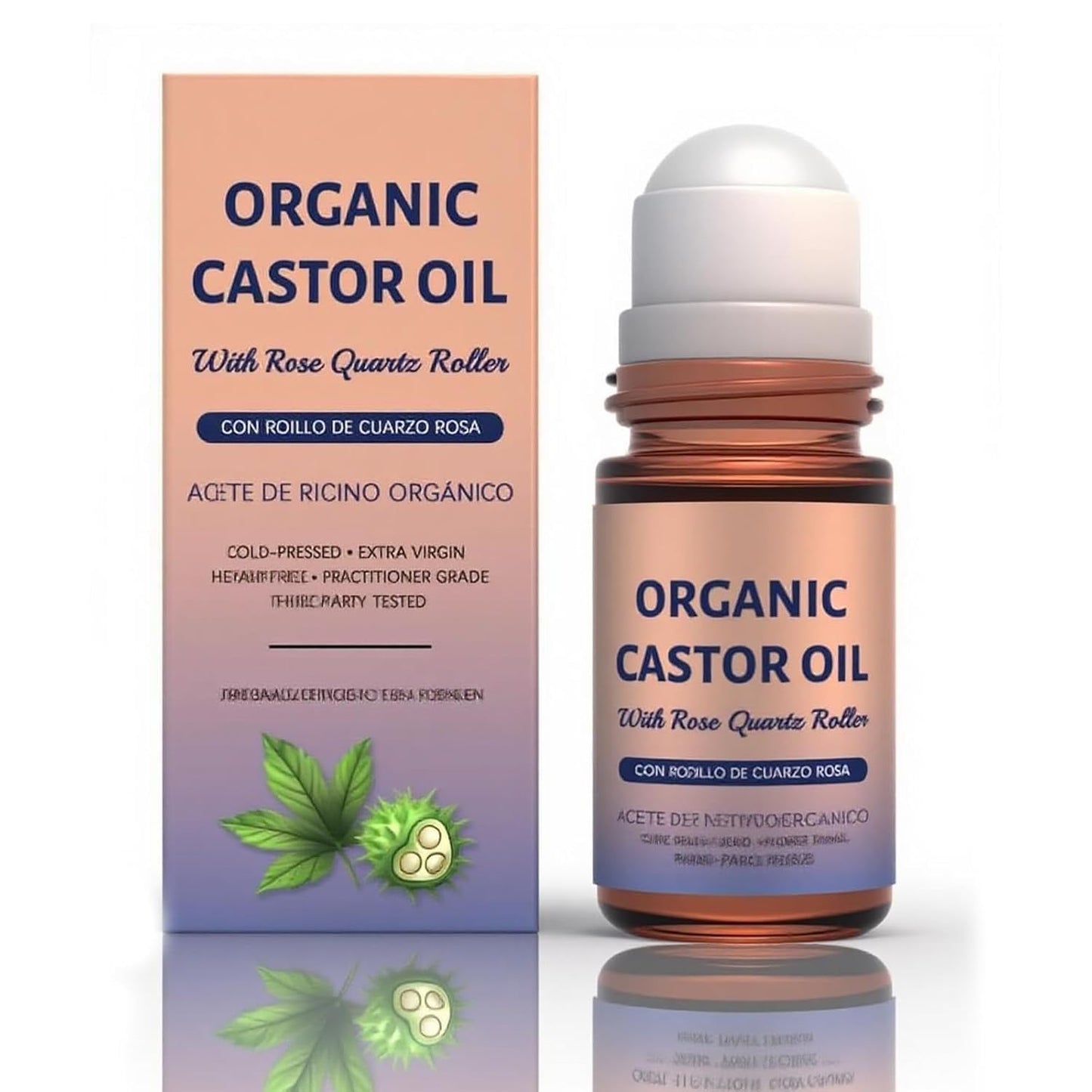 Organic Castor Oil with Rose Quartz Roller, Cold-Pressed Pure Organic Castor Oil Roller Ball for Hair Growth, Eyelashes, Eyebrows & Skin, 1.7 fl oz