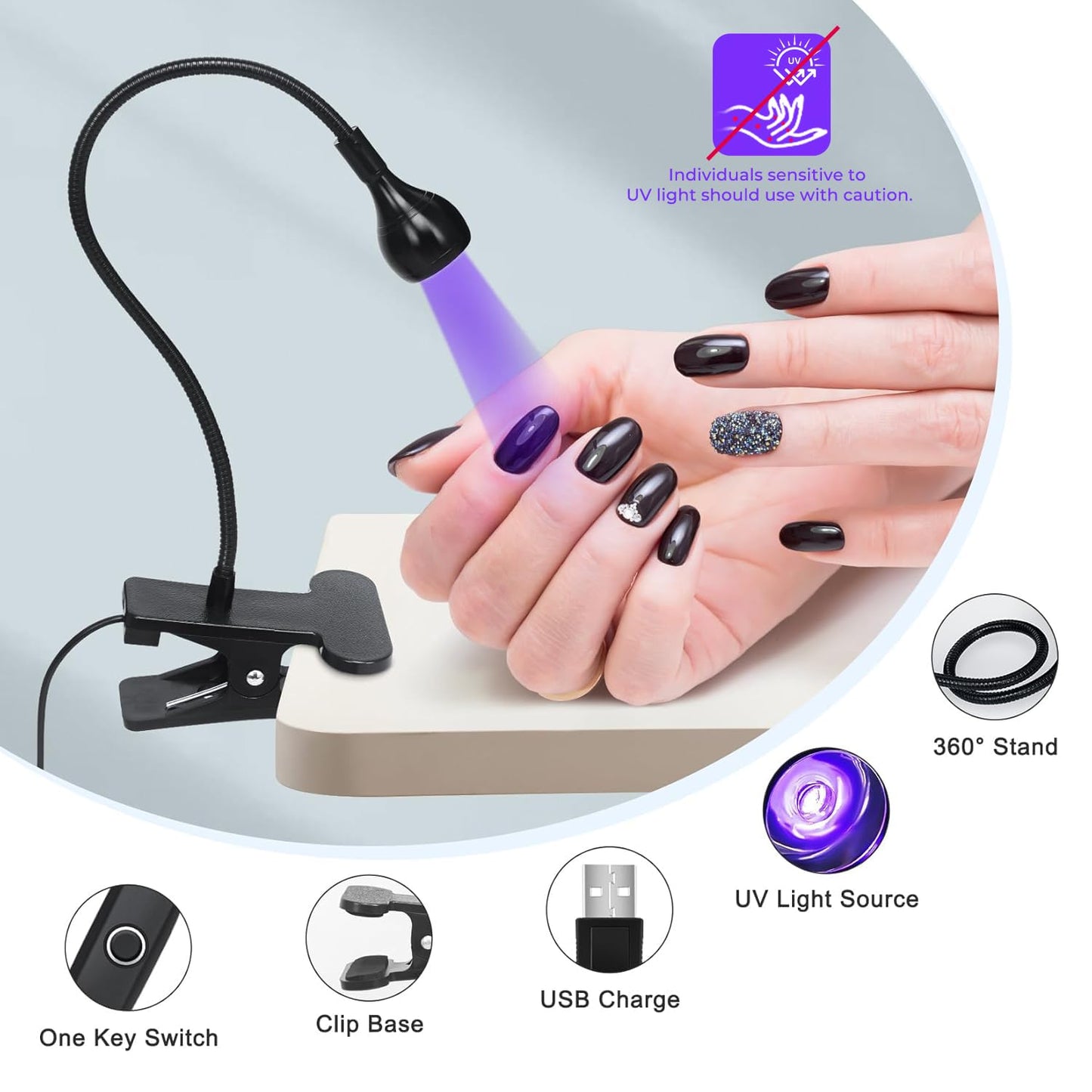 Geisofu UV Nail Lamp - UV Light for Gel Nails, Flash Cure Lamp, LED Gooseneck Flash Cure Lamp for Nails, Manicure Dryer Black Light with Clamp, 365+395nm Wavelength 5V 3W 4 Levels Dimming Black
