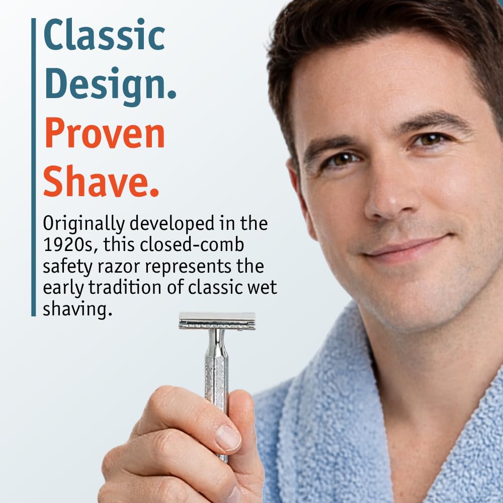 MERKUR 42C Double Edge Safety Razor, Hexagonal Handle, Three-Piece Design, Closed Comb Straight Bar, Bright Chrome Finish, Made in Germany
