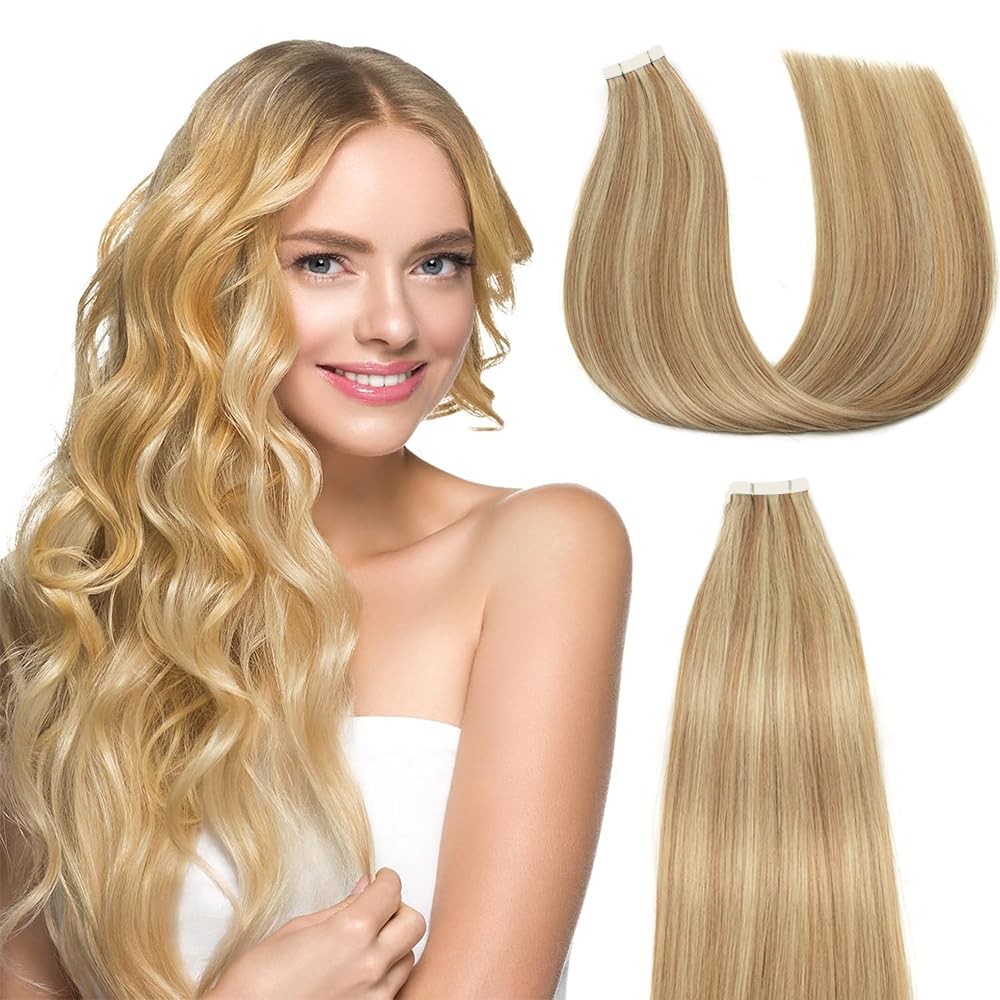P27/613 Highlight Tape in Extensions Human Hair 12 Inch Honey Blonde Straight Tape in Seamless Extensions Real Human Hair Skin Weft Seamless Invisible Remy Hair 40g 10Pcs.