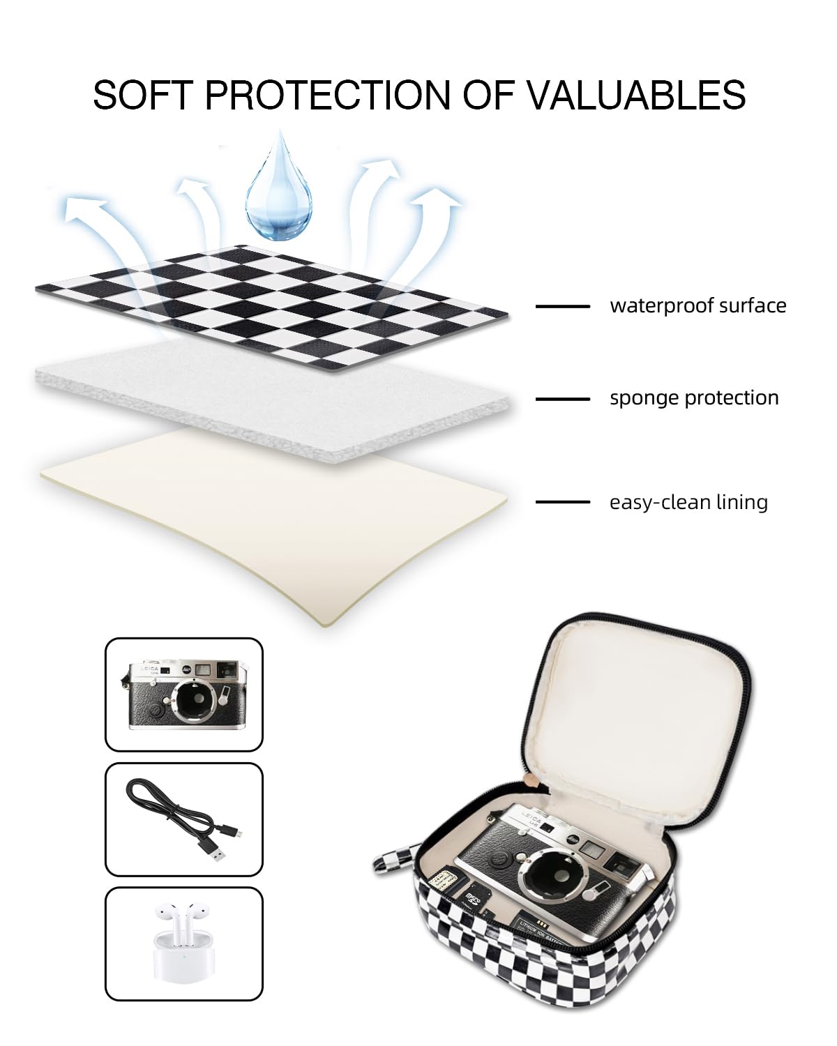 GENBECACHE Mini Cosmetic Bag, Small Makeup Bag for Purse, Zipper Checkered Pouch, Waterproof Packing Bag for Toiletry with Wrist Strap, Black