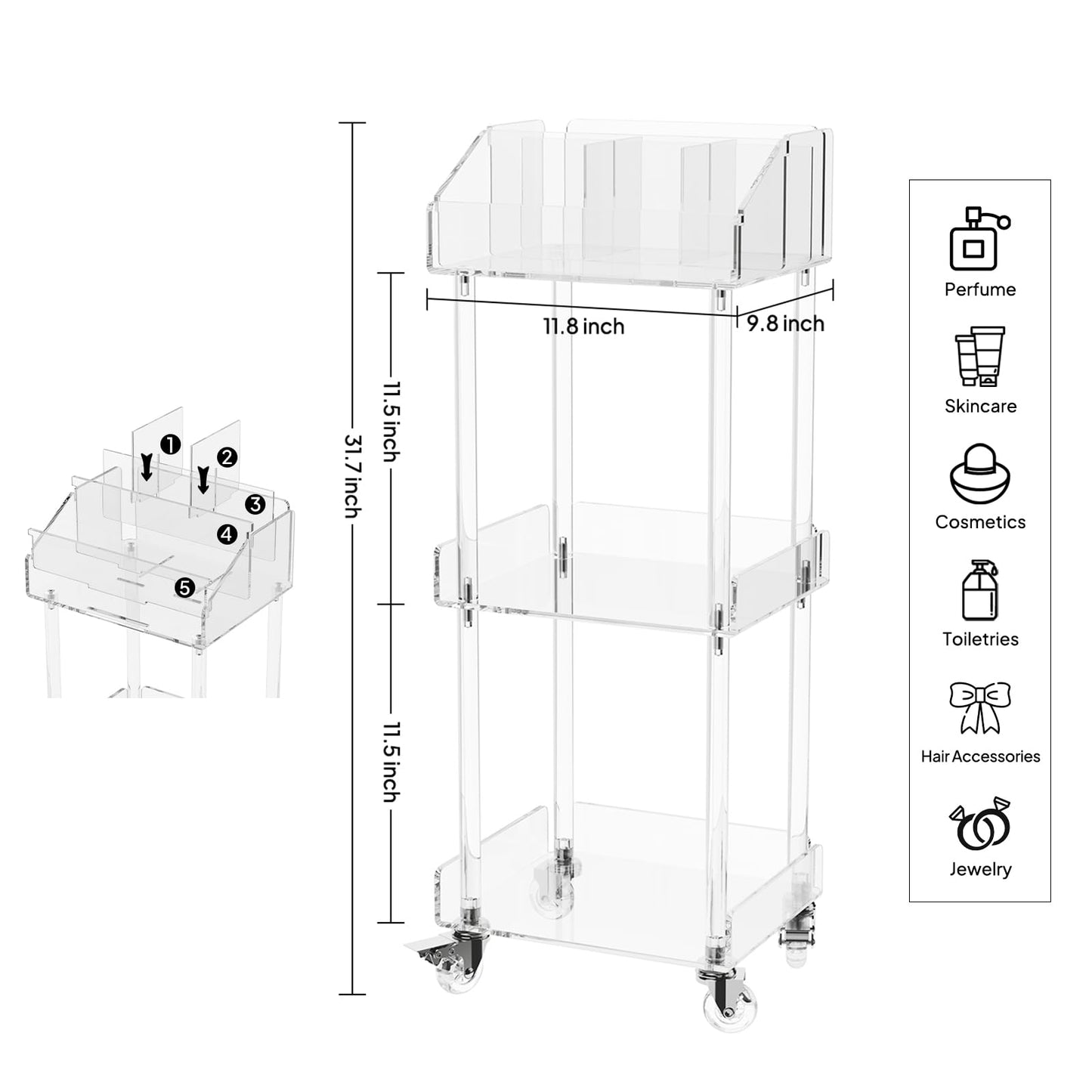 Aquiver Acrylic Makeup Organizer Storage Cart - 3 Tier Rolling Makeup Cart Vanity Organizer - Cosmetics Display Cases Holder for Skincare Cosmetics, 11.8'' L x 9.8'' W x 31.7'' H, Clear
